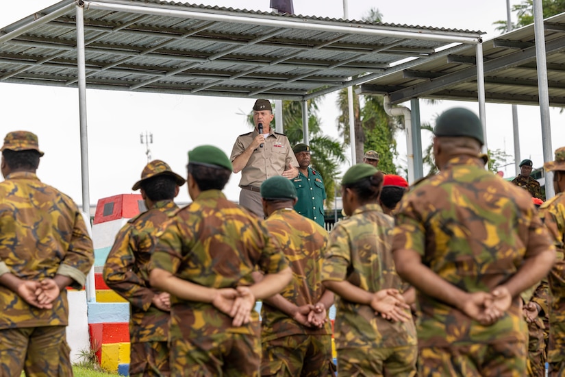 U.S. Army Maj. Gen. Gavin Gardner, commanding general of the 8th Theater Sustainment Command, gives a speech at the opening ceremony for exercise Tamiok Strike 2025 on Murray Barracks Parade Field at Port Moresby, Papua New Guinea, April 14, 2024.