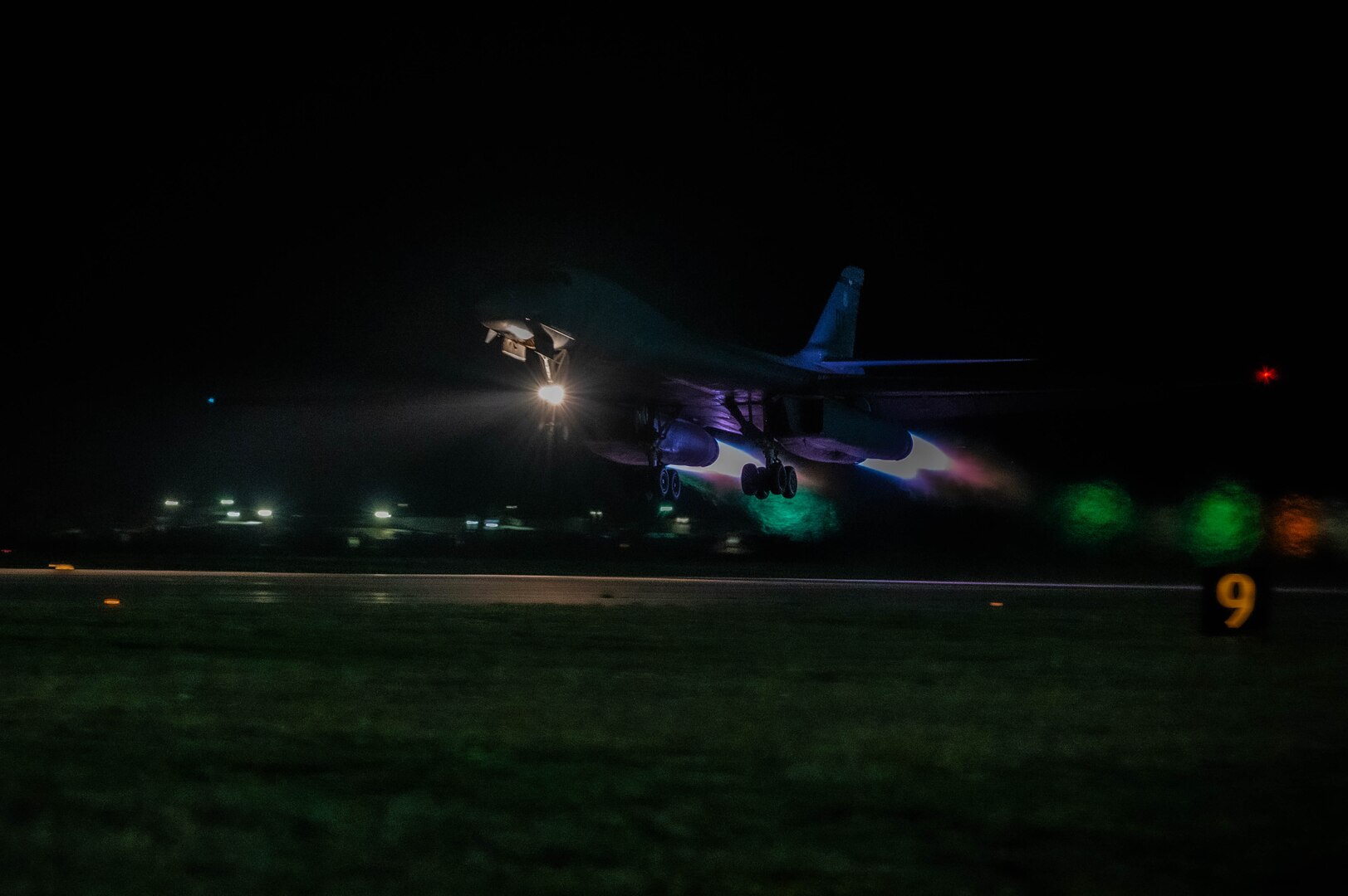 A B-1B Lancer assigned to the 9th Bomb Squadron takes off from Dyess Air Force Base, Texas, Apr. 14, 2025 in support of a Bomber Task Force at LOCATION.  The U.S. Air Force is engaged, postured, and ready with credible force to assure, deter, and defend in an increasingly complex security environment.