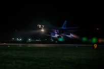 A B-1B Lancer assigned to the 9th Bomb Squadron takes off from Dyess Air Force Base, Texas, Apr. 14, 2025 in support of a Bomber Task Force at Misawa Air Base, Japan.  The U.S. Air Force is engaged, postured, and ready with credible force to assure, deter, and defend in an increasingly complex security environment.