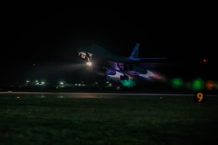 A B-1B Lancer assigned to the 9th Bomb Squadron takes off from Dyess Air Force Base, Texas, Apr. 14, 2025 in support of a Bomber Task Force at Misawa Air Base, Japan.  The U.S. Air Force is engaged, postured, and ready with credible force to assure, deter, and defend in an increasingly complex security environment.