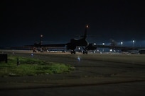 Two B-1B Lancers assigned to the 9th Bomb Squadron taxi on the flightline before takeoff to  support a Bomber Task Force at LOCATION at Dyess Air Force Base, Texas, Apr. 14, 2025 .  BTF deployments like this enhance the readiness and training necessary to respond to any potential crisis or challenge across the globe.