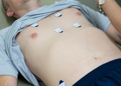 An Air Force basic trainee undergoes electrocardiogram preparation during a cardiac screening as part of the ERASE pilot program at Joint Base San Antonio-Lackland, Texas, March 22, 2025.
