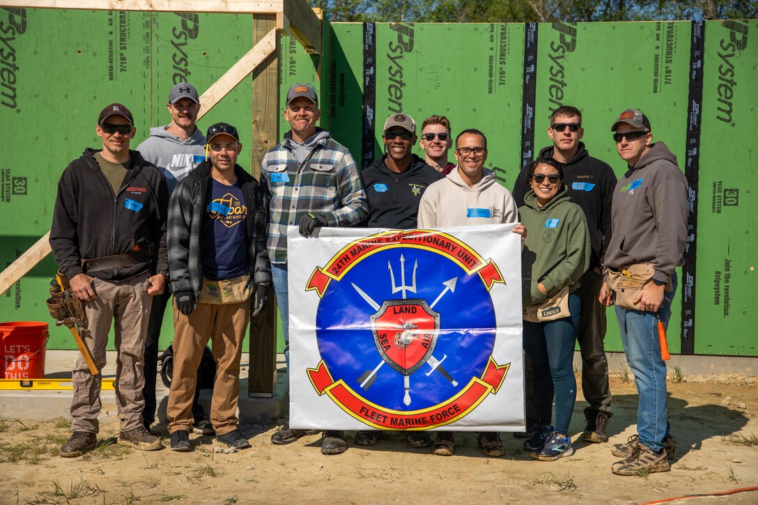 U.S. Marines and Sailors with the 24th Marine Expeditionary Unit (MEU), volunteer with the Habitat for Humanity foundation in Wilmington, N.C., April 9, 2025. 24th MEU Marines and Sailors volunteer with different organizations to give back to local communities and build relationships. (U.S. Marine Corps photo by Cpl. Victoria Hutt)