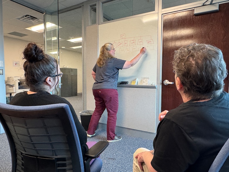 Woman diagrams new process on whiteboard while team members watch.