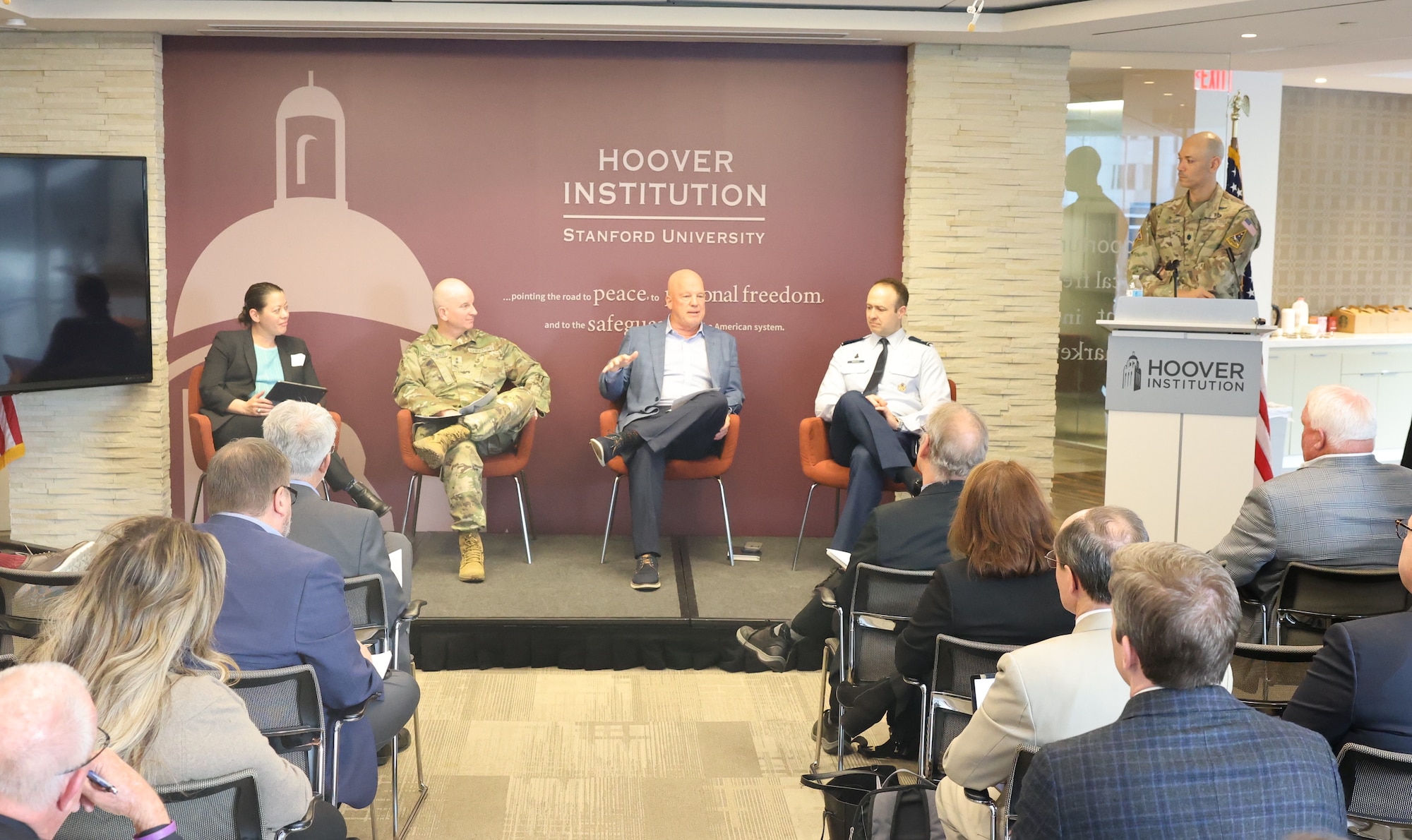 (From left) Barb Golf, Maj. Gen. Dennis Bythewood, Ret. General John “Jay” Raymond, Col. Richard Kniseley and Lt. Col. Brandon Galindo participate in the March 25, 2025 Commercial Augmentation Space Reserve wargame event at the Hoover Institution in Washington, D.C.  CASR is a new SSC strategic initiative designed to ensure access to commercial capabilities throughout the spectrum of conflict while maintaining security, reliability, and availability. (Courtesy Photo)