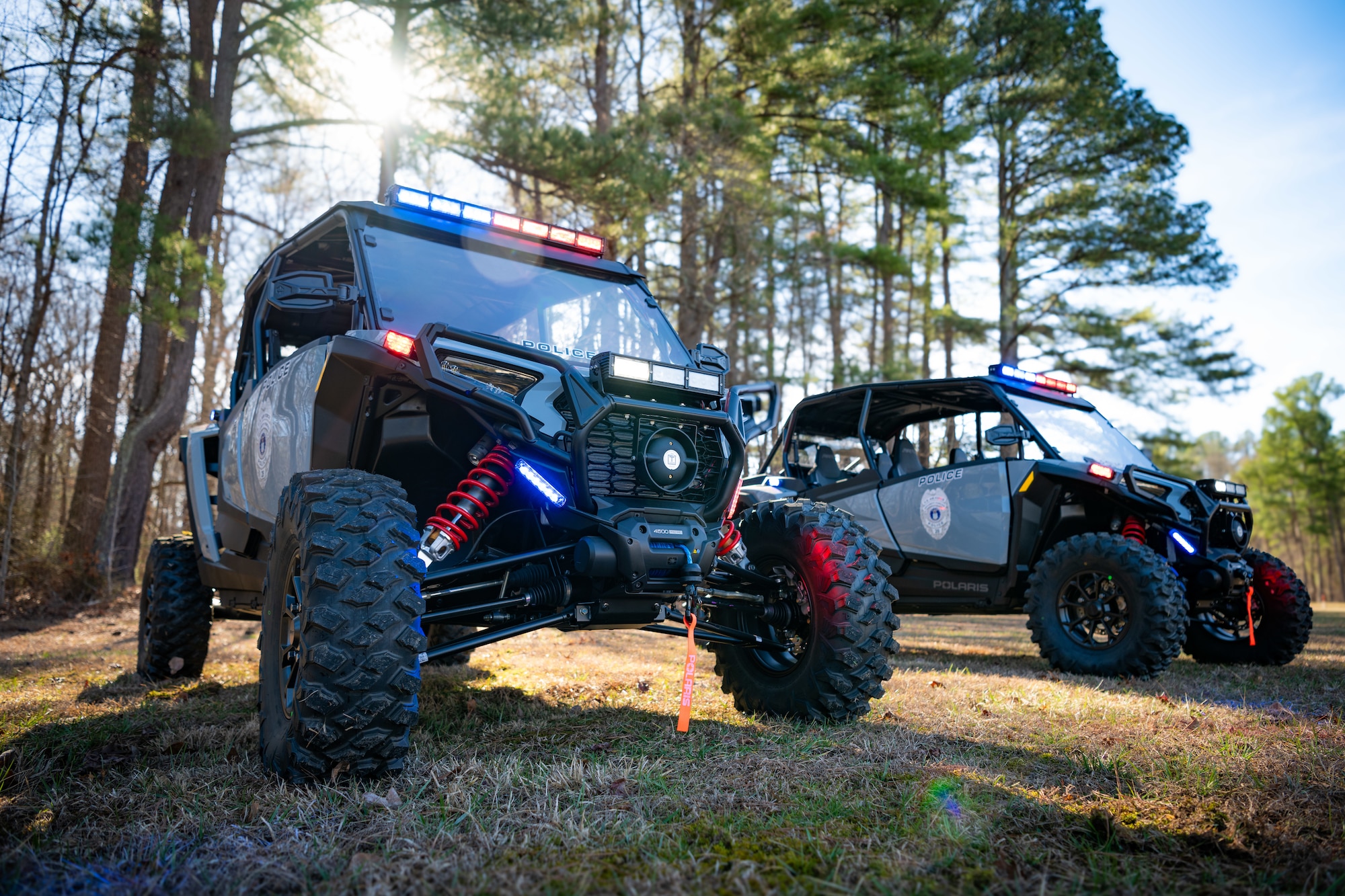 The two utility task vehicles recently acquired by Arnold Air Force Base Police Department are pictured Feb. 28, 2025, at Arnold AFB, Tenn. Base police officials feel the UTVs will enhance patrol and response capabilities across the base, particularly in areas inaccessible to traditional police vehicles. (U.S. Air Force photo by Keith Thornburgh)