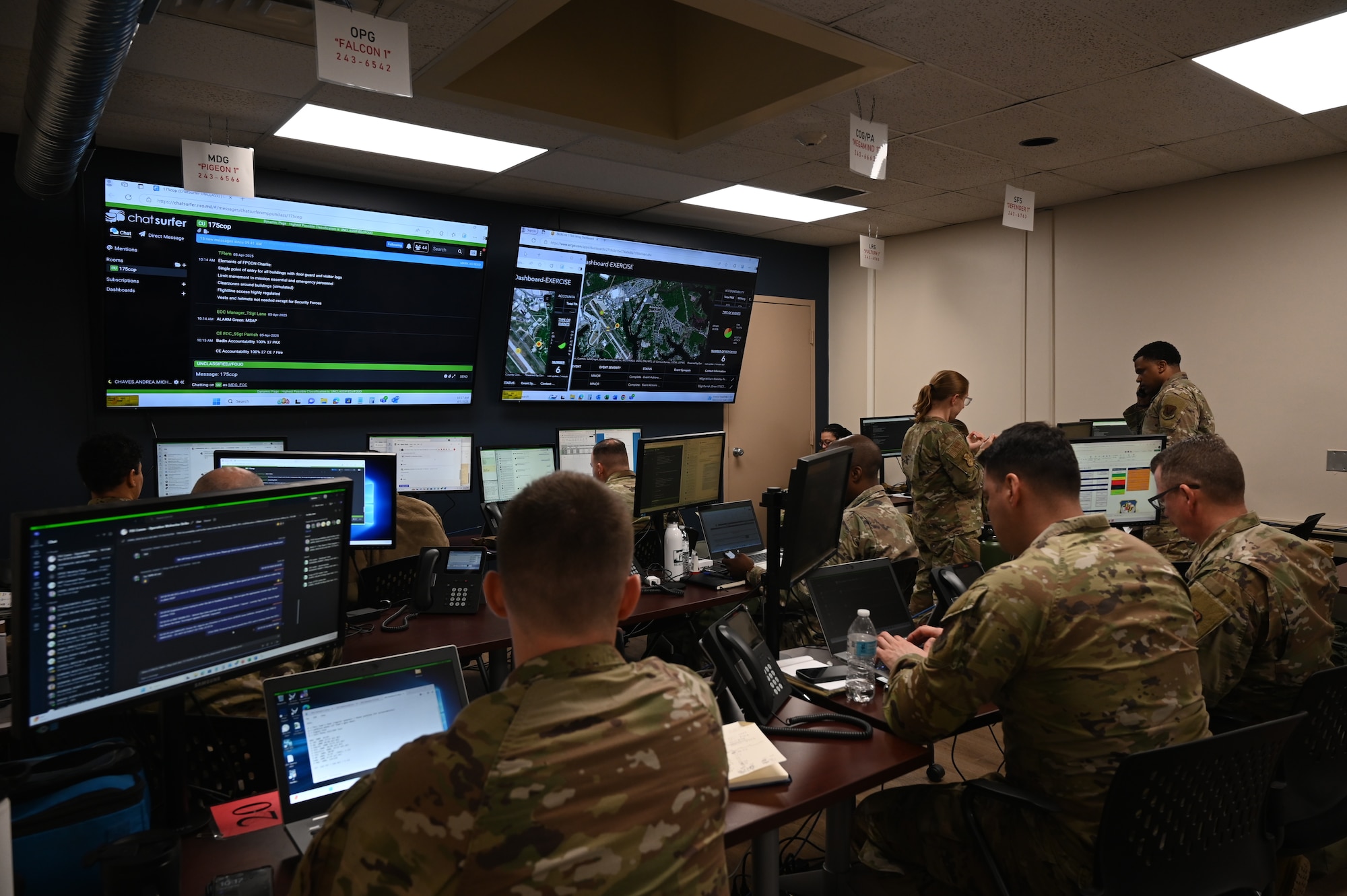 Airmen from the 175th wing gather critical information from various squadrons and disseminate it to the appropriate personnel from the emergency operations center at Martin State Air National Guard Base, Middle River, Maryland, April 5, 2025.