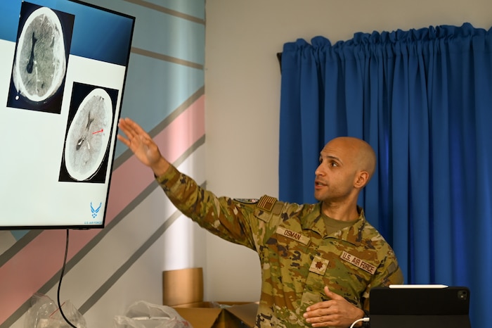 U.S Air Force Maj. Mohammed Osman, 433rd Medical Squadron neurocritical care physician, delivers a lecture about traumatic brain injuries at Joseph N. France General Hospital in Basseterre, St. Kitts and Nevis, April 1, 2025.