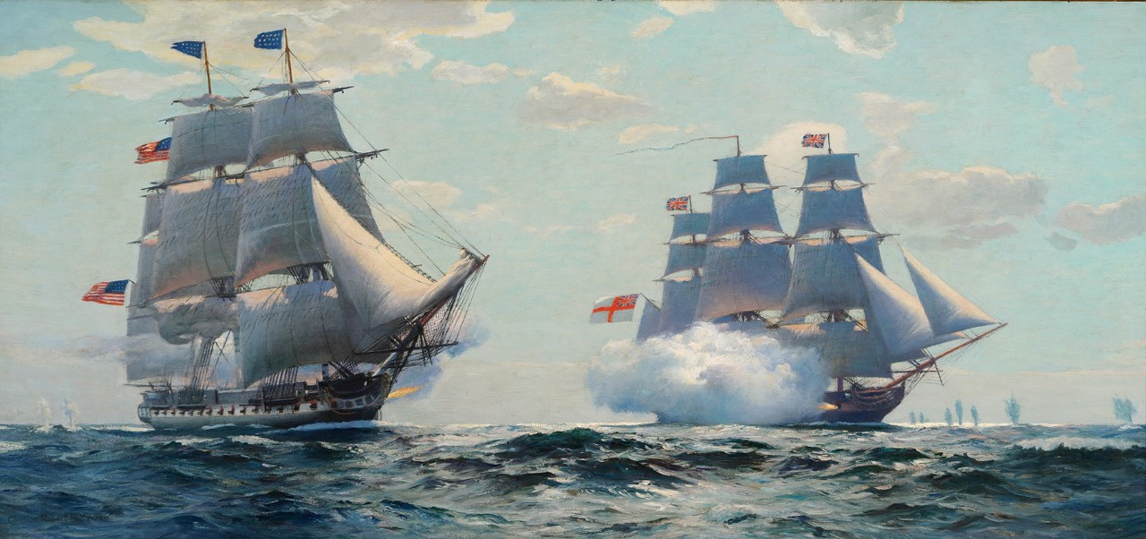A painting shows two old ships firing cannons at each other at sea.