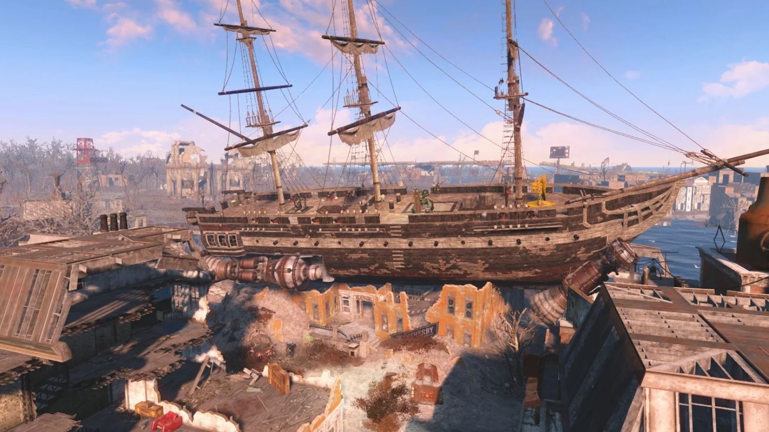 Upper Right: A pamphlet shows pictures from the silent film 'Old Ironsides.' Center: The USS Constitution appears in the video game Fallout 4. Lower Left: A movie poster for the 2003 film 'Master and Commander.'