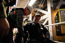 JINHAE NAVAL BASE, Republic of Korea (April 9, 2025) Chief Warrant Officer 2 Nick Blankshine, assigned to Mobile Diving and Salvage Unit 1, prepares for a 170-foot dive from the Tongyeong-class salvage and rescue ship ROKS Gwangyang (ATS-32), during a joint dive and salvage exercise in the harbor of Jinhae Naval Base, Republic of Korea, April 9, 2025. Commander, Logistics Group Western Pacific/Task Force 73 sustains the U.S. Navy’s maritime forces and is responsible for all diving and salvage operations in the Western Pacific in support of a free and open Indo-Pacific.