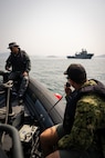 JINHAE NAVAL BASE, Republic of Korea (April 10, 2025) U.S. Navy Chief Warrant Officer 2 Nick Blankshine, assigned to Mobile Diving and Salvage Unit 1, communicates with submerged divers as they conduct an underwater search during a joint dive and salvage exercise in the harbor of Jinhae Naval Base, Republic of Korea, April 10, 2025. Commander, Logistics Group Western Pacific/Task Force 73 sustains the U.S. Navy’s maritime forces and is responsible for all diving and salvage operations in the Western Pacific in support of a free and open Indo-Pacific.