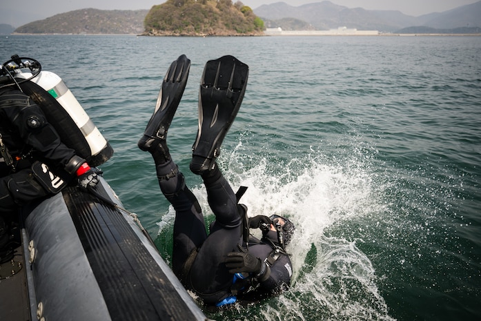 JINHAE NAVAL BASE, Republic of Korea (April 10, 2025) U.S. Navy Diver 1st Class Ernest Smith, assigned to Mobile Diving and Salvage Unit 1, dives from a rigid-hull inflatable boat to conduct a simulated salvage mission with a Republic of Korea navy diver during a joint dive and salvage exercise in the harbor of Jinhae Naval Base, Republic of Korea, April 10, 2025. Commander, Logistics Group Western Pacific/Task Force 73 sustains the U.S. Navy’s maritime forces and is responsible for all diving and salvage operations in the Western Pacific in support of a free and open Indo-Pacific.