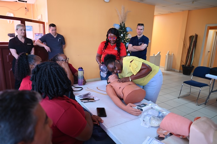 Kittitian health care providers practice advanced cardiac life support techniques following a training session offered by U.S. Air Force medical professionals at Newtown Dental Clinic in Basseterre, St. Kitts and Nevis, March 28, 2025.