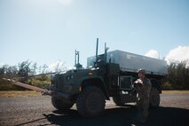U.S. Marine Corps Pfc. Christian Renklema, a native of Georgia and an artillery cannoneer with 3d Littoral Combat Team, 3d Marine Littoral Regiment, 3d Marine Division, operates the Navy Marine Expeditionary Ship Interdiction System on Marine Corps Training Area Bellows, Hawaii, Oct. 24, 2024. The NMESIS provides the Marine Corps a highly deployable, land-based, anti-ship system that is a key capability for the Marine Littoral Regiment. (U.S. Marine Corps photo by Cpl. Eric Huynh)