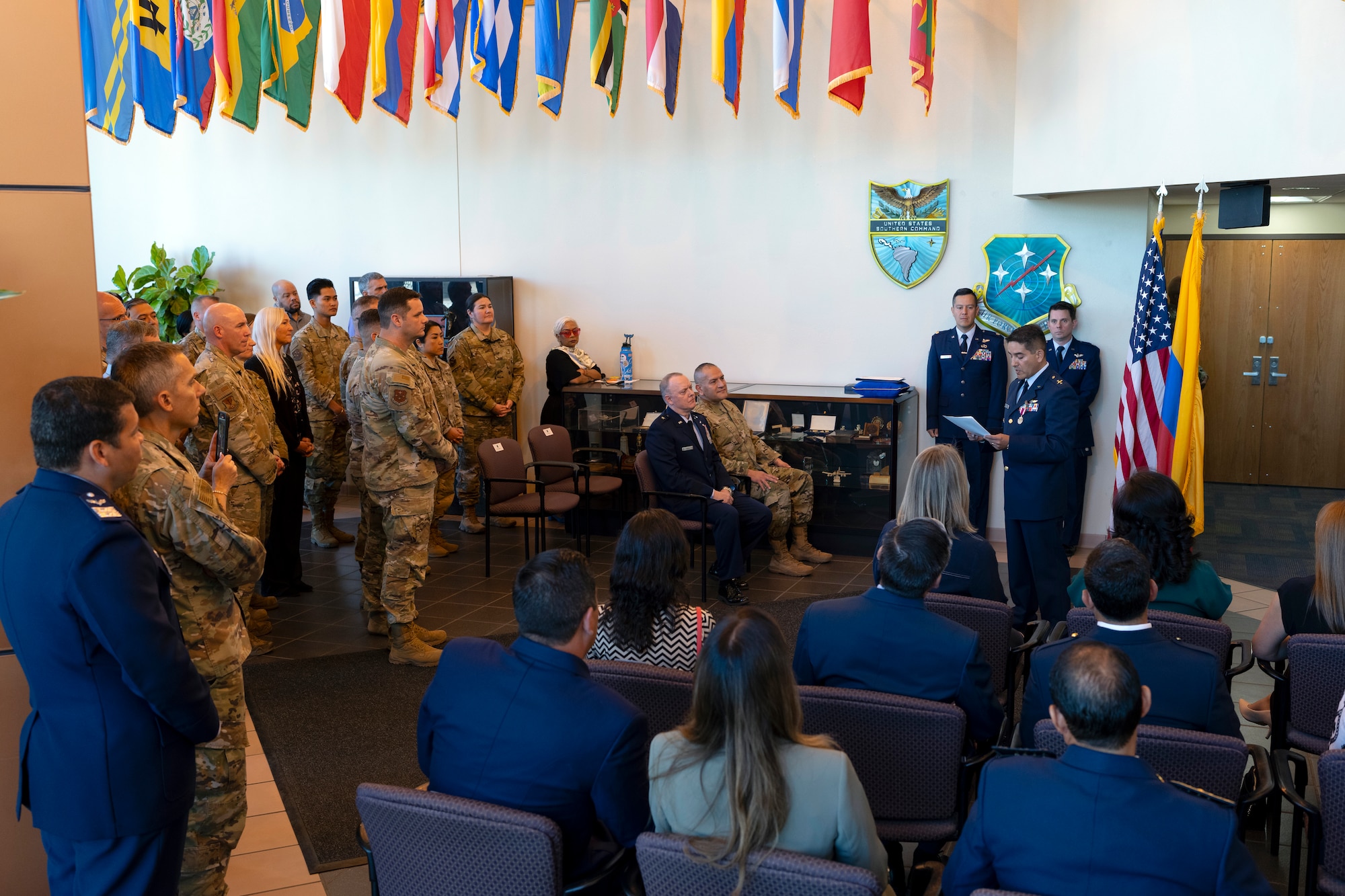 Colombian Air Force Col. Alejandro Leguizamón, Air Forces Southern foreign liaison officer, provides remarks during a medal presentation ceremony at Davis-Monthan Air Force Base, Arizona, March 25, 2025. In recognition of his efforts, Leguizamon was awarded the Meritorious Service Medal—a U.S. military decoration presented to service members who distinguish themselves by outstanding non-combat meritorious achievement or service to the United States. (U.S. Air Force Photo by Tech. Sgt. Rachel Maxwell)