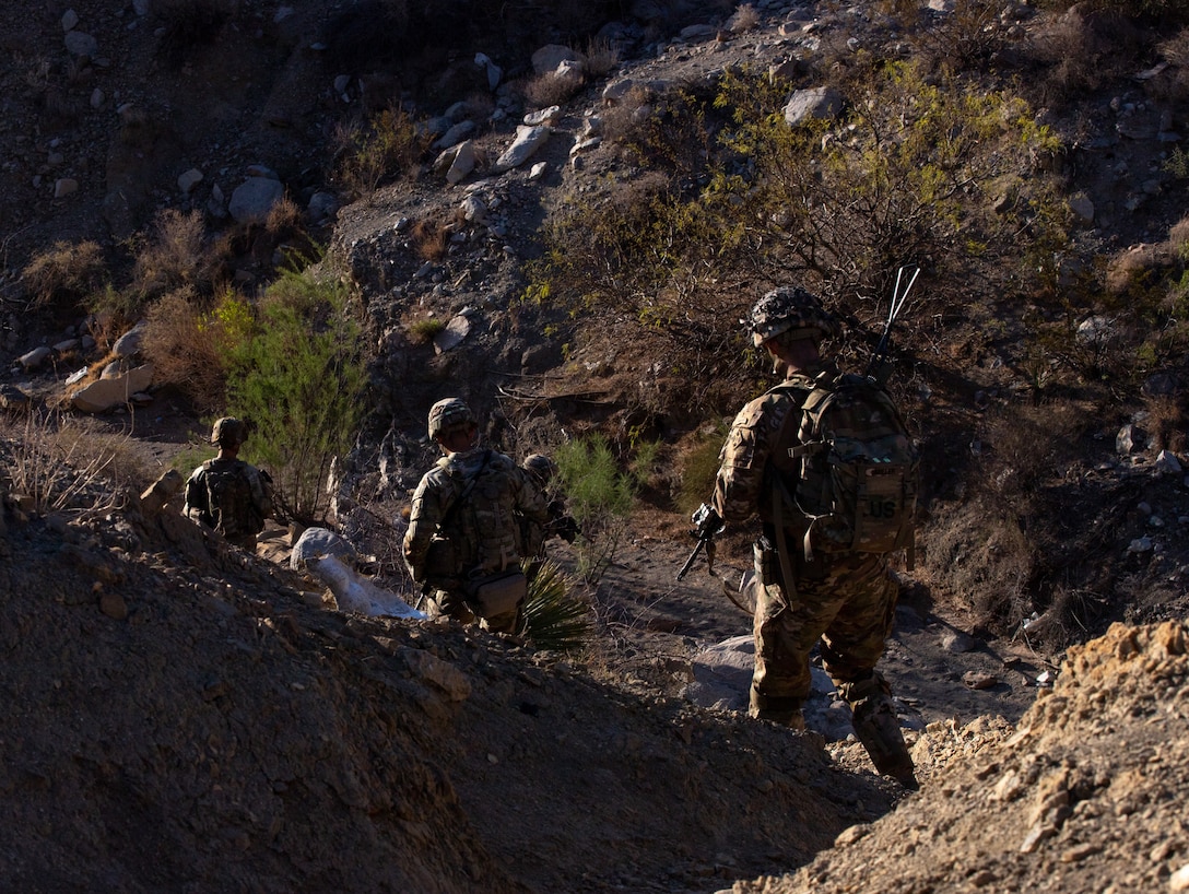 Soldiers in tactical gear move through a wooded area.