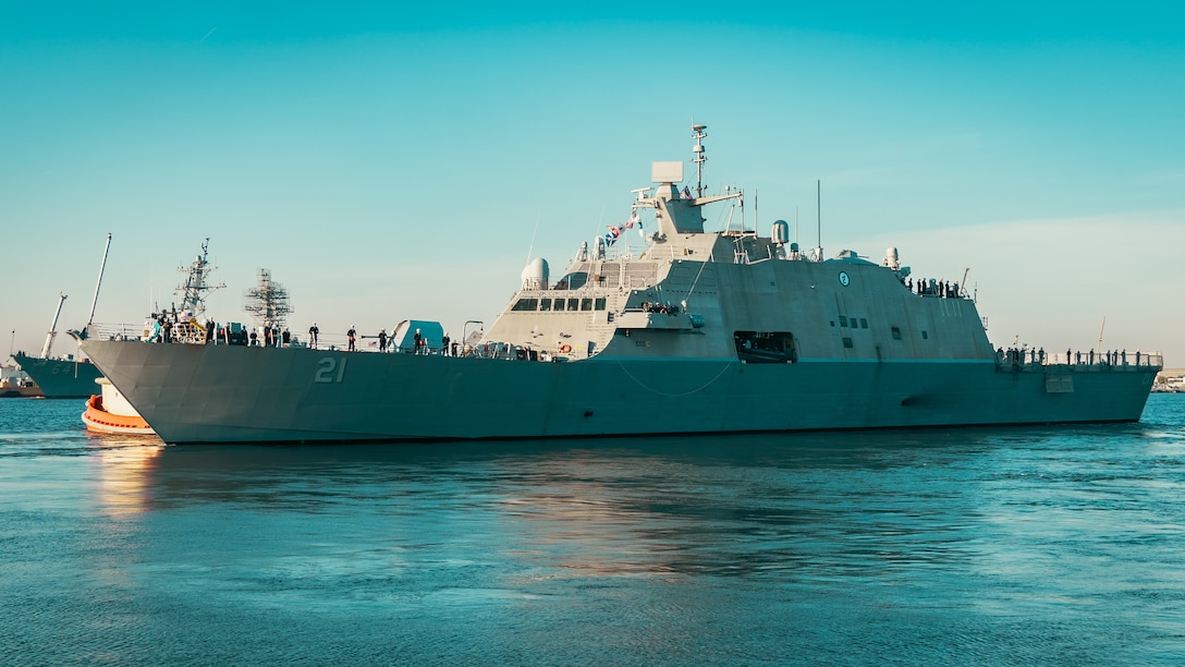 The Freedom-class littoral combat ship USS Minneapolis-Saint Paul (LCS 21) departs Naval Station Mayport for her maiden deployment, Mar. 26, 2025. LCS 21 is deploying to the U.S. 4th Fleet area of operations is support of counter-illicit drug trafficking operations.