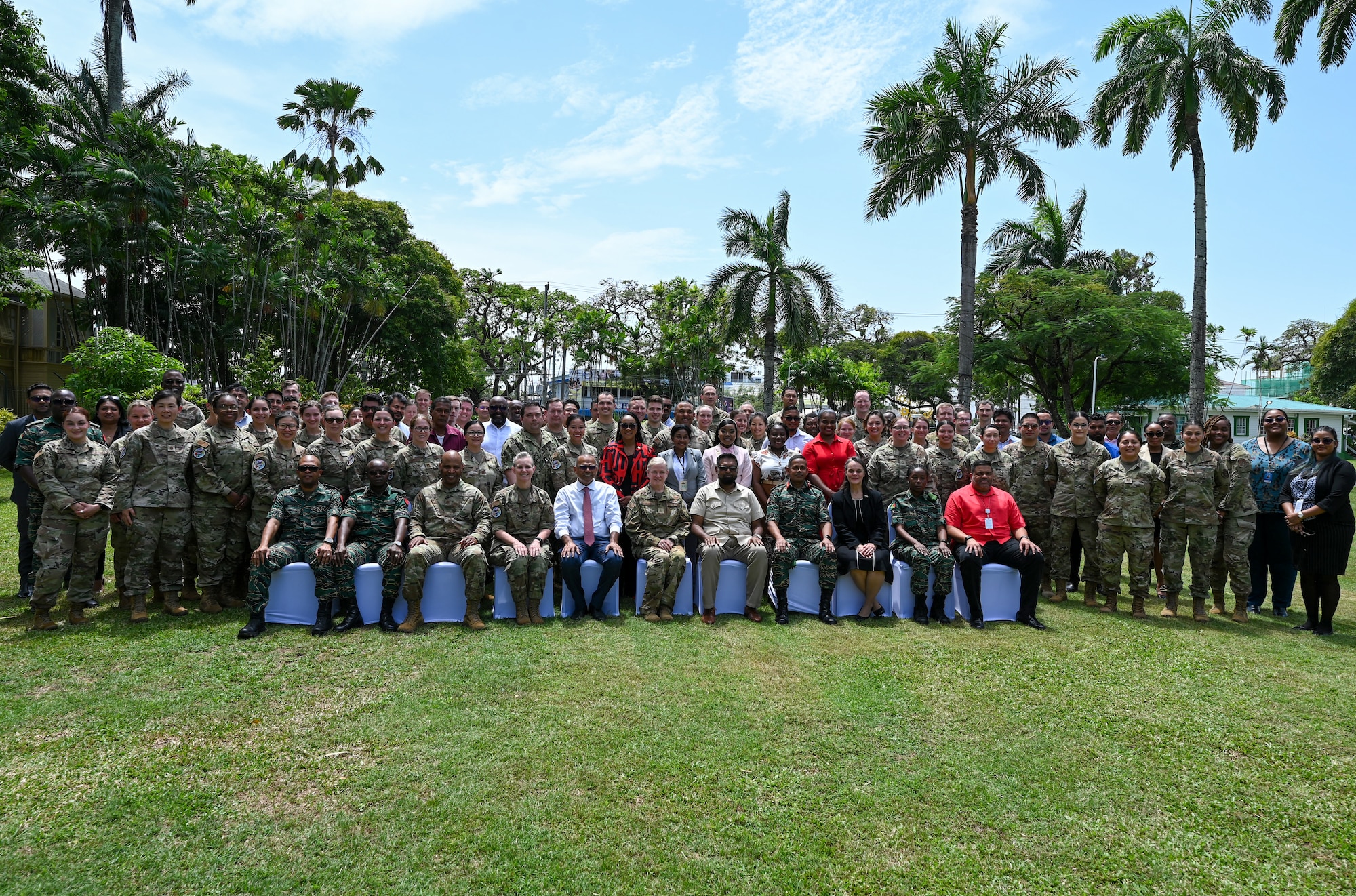 President of Guyana Mohamed Irfaan Ali, U.S. Air Force Maj. Gen. Melissa A. Coburn, 22nd Air Force commander, U.S. Air Force Lesser Antilles Medical Assistance Team members, and other Guyanese government officials pose for a group photo following the closing ceremony for the LAMAT mission at the Guyana President’s estate in Georgetown, Guyana, April 11, 2025.