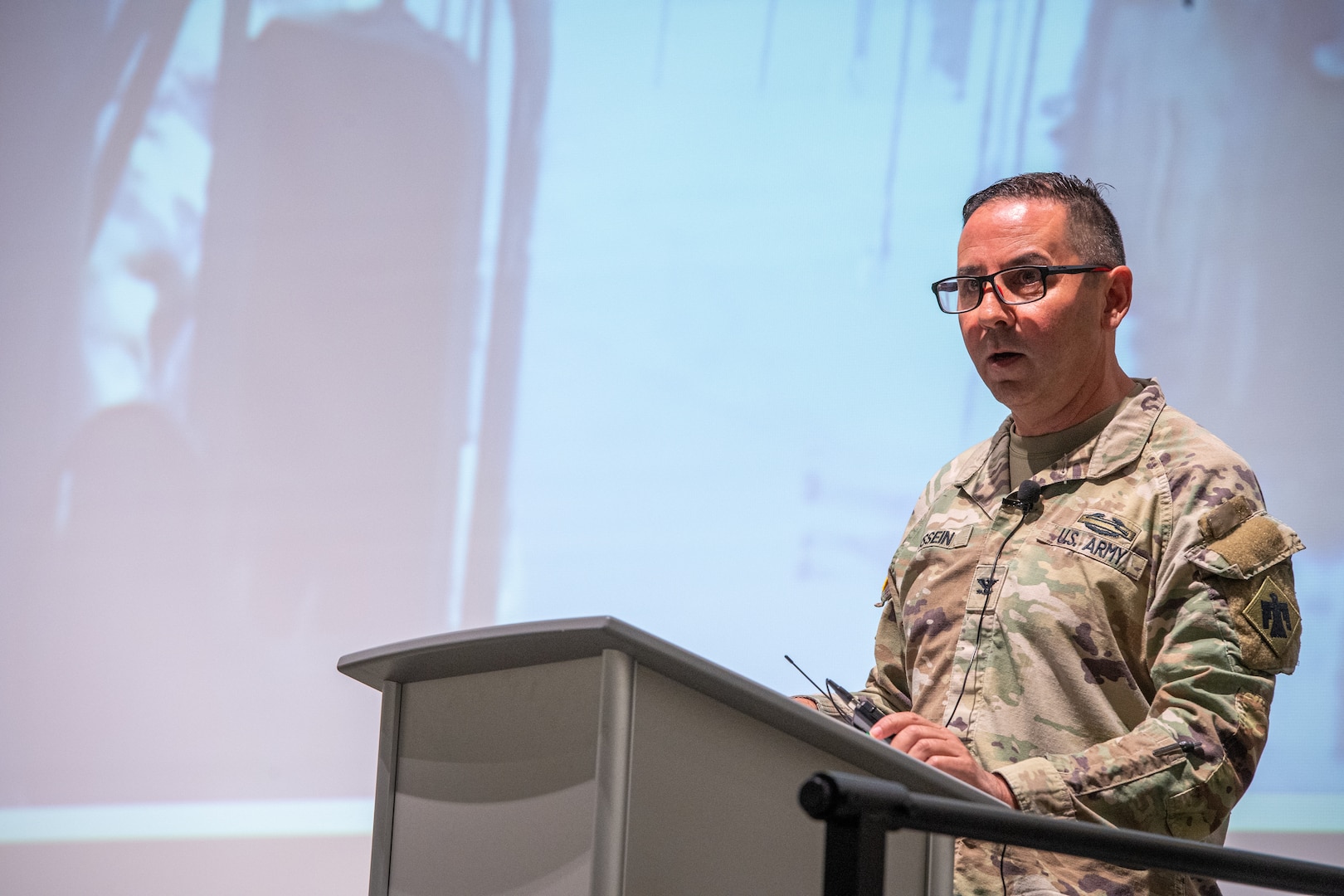 Col. Khalid Hussein, Oklahoma National Guard director of military support, speaks during the 2025 Oklahoma National Guard Domestic Operations Symposium, in Norman, Oklahoma, April 15, 2025. The symposium brings city, county, state, federal and neighboring states together to build partnerships to face future natural and man-made disasters. (Oklahoma National Guard photo by Anthony Jones)
