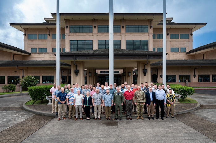 Adm. Samuel J. Paparo, front row 6th from right, commander of U.S. Indo-Pacific Command, joins Senior Defense Officials and Defense Attaches for a group photo at USINDOPACOM headquarters on Camp H.M. Smith, Honolulu, April 15, 2025.