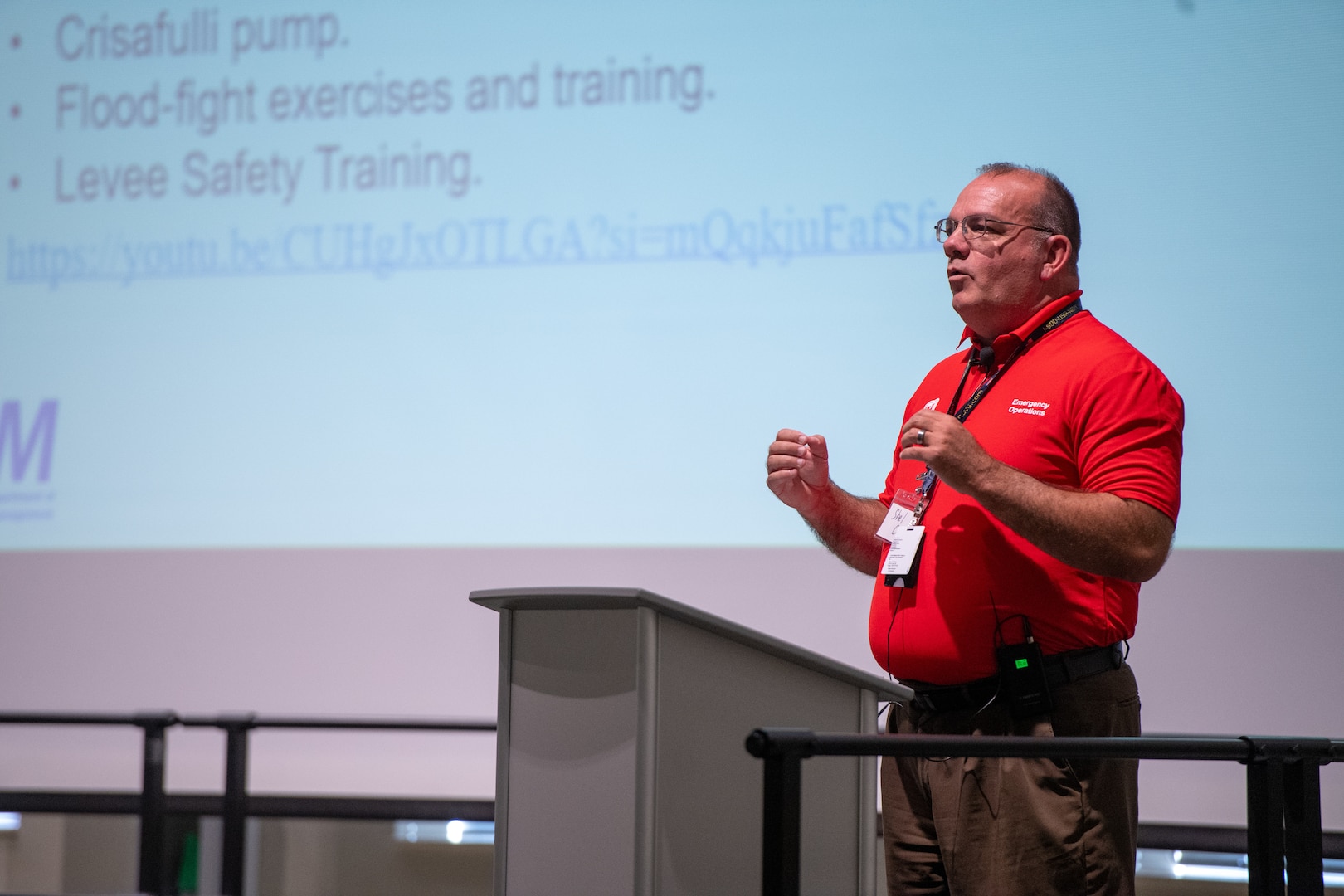 Shel Cox, chief, Emergency Management, US Army Corps of Engineers - Tulsa District, speaks during the 2025 Oklahoma National Guard Domestic Operations Symposium, in Norman, Oklahoma, April 15, 2025. During his talk, Cox discussed the 2019 Tulsa flood event and the important role the National Guard plays in supporting emergency management agencies during large-scale disasters. (Oklahoma National Guard photo by Anthony Jones)