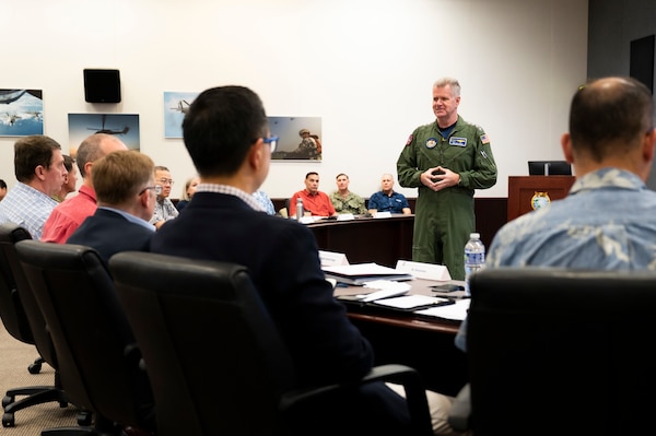 Adm. Samuel J. Paparo, commander of U.S. Indo-Pacific Command, speaks to Senior Defense Officials and Defense Attaches at USINDOPACOM headquarters on Camp H.M. Smith, Honolulu, April 15, 2025.