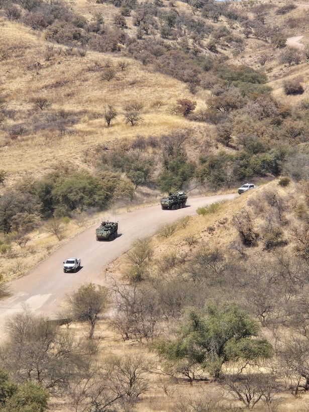 Soldiers and Customs and Border Protection agents in vehicles patrol a road