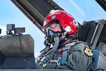 Michael Patterson, a Hometown Hero participant, prepares for flight with the Thunderbirds on April 4, 2025 at Nellis Air Force Base, Nevada.