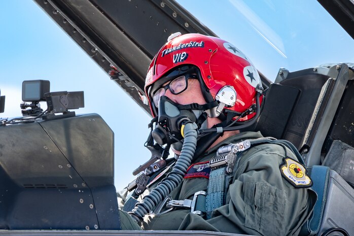 Michael Patterson, a Hometown Hero participant, prepares for flight with the Thunderbirds on April 4, 2025 at Nellis Air Force Base, Nevada.