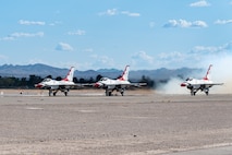 Three F-16 Thunderbirds prepare for take-off following the Hometown Hero flight on April 4, 2025, at Nellis Air Force Base, Nevada.