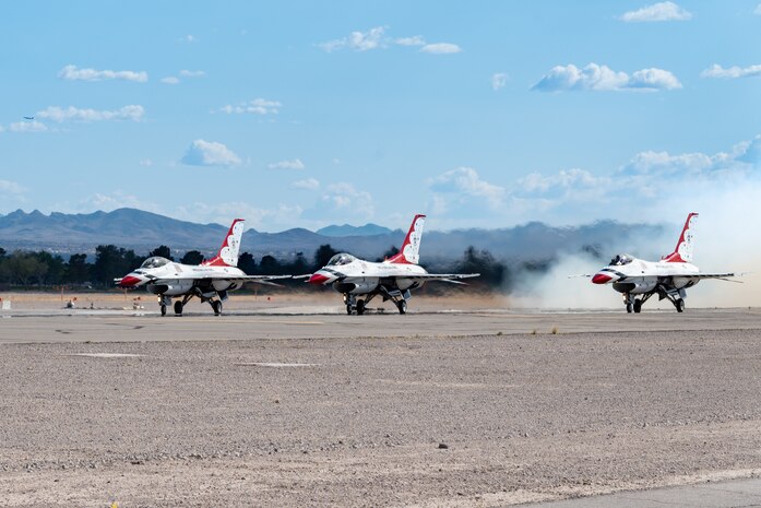Three F-16 Thunderbirds prepare for take-off following the Hometown Hero flight on April 4, 2025, at Nellis Air Force Base, Nevada.