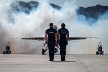 U.S. Air ForceThunderbirds perform maintenance checks during the Aviation Nation 2025 airshow at Nellis Air Force Base, Nevada, April 4, 2025.