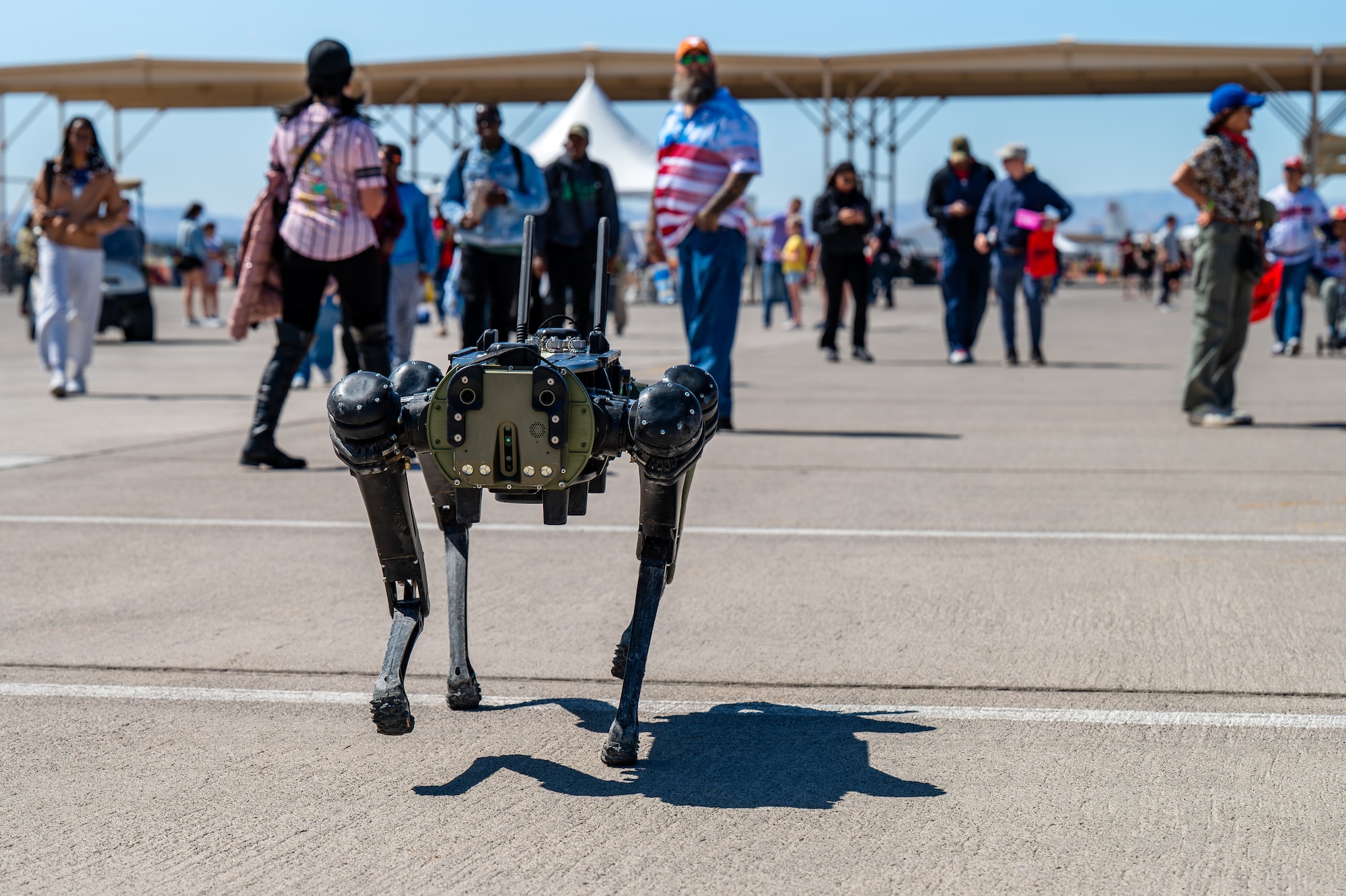 A Quadrupedal Unmanned Ground Vehicle (QUGV) walks along the flightline during Aviation Nation 2025 at Nellis Air Force Base, Nevada, April 5, 2025.