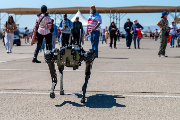 A Quadrupedal Unmanned Ground Vehicle (QUGV) walks along the flightline during Aviation Nation 2025 at Nellis Air Force Base, Nevada, April 5, 2025.