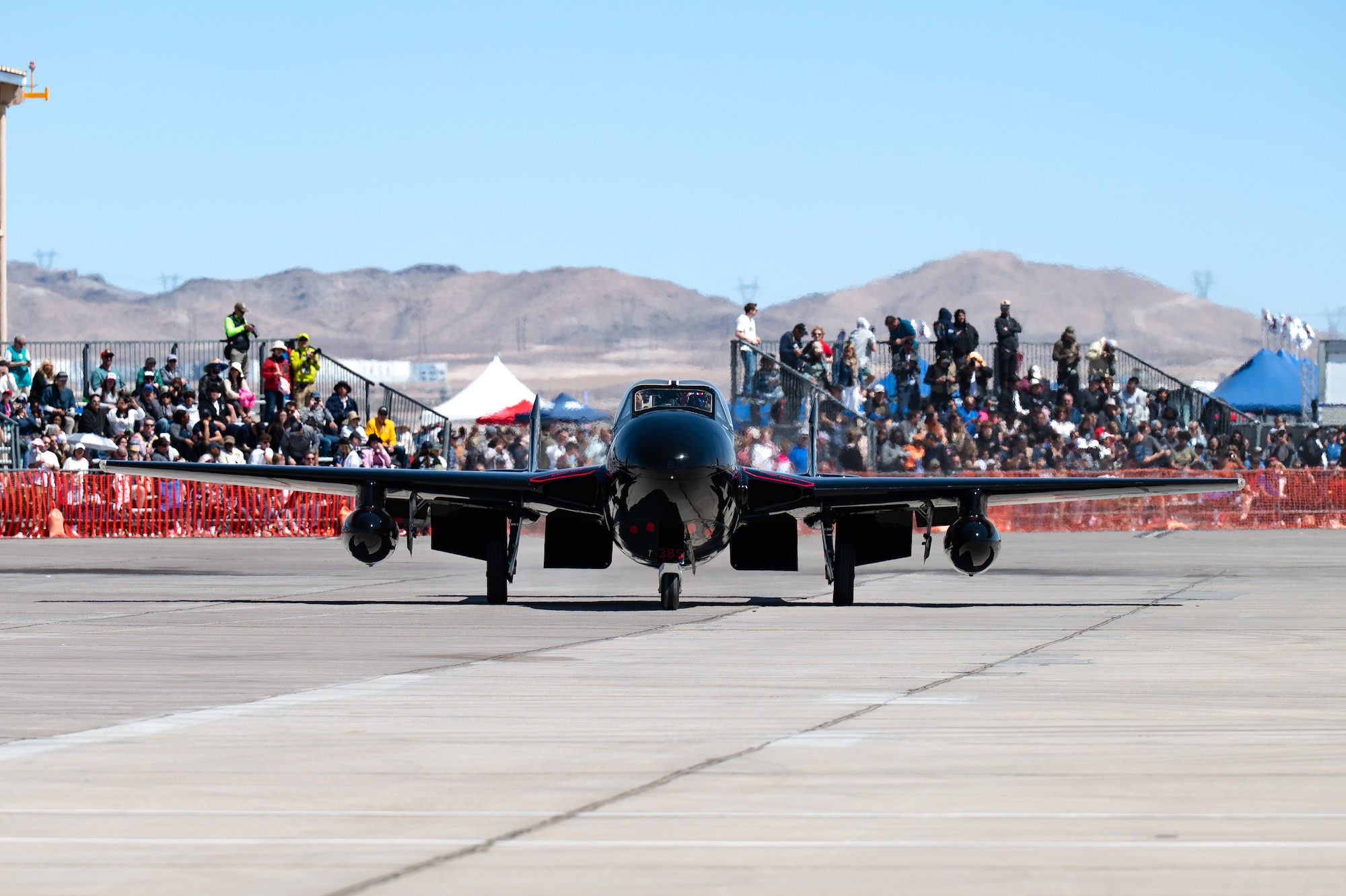 A de Havilland DH100 Vampire taxis the flightline during Aviation Nation 2025 at Nellis Air Force Base, Nevada, April 5, 2025.