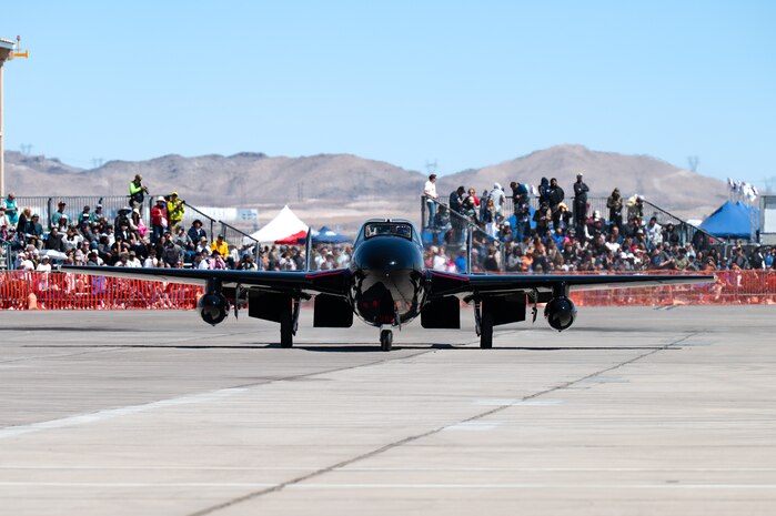 A de Havilland DH100 Vampire taxis the flightline during Aviation Nation 2025 at Nellis Air Force Base, Nevada, April 5, 2025.