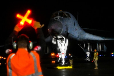 MISAWA AIR BASE, Japan (April 15, 2025) — A B-1B Lancer assigned to Dyess Air Force Base, Texas, lands at Misawa Air Base, Japan, kicking off Bomber Task Force 25-2, April 15, 2025. BTF missions allow the U.S. to maintain a strong, credible...
