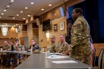 U.S. Air Force Master Sgt. Anthony Sutton, 35th Force Support Squadron personnel flight chief, answers a question about the Permanent Change of Station (PCS) orders process during a PCS and housing town hall.
