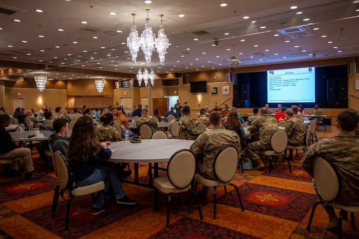 U.S. Air Force Col. Paul Davidson, 35th Fighter Wing commander, discusses Permanent Change of Station (PCS) and housing during a town hall.