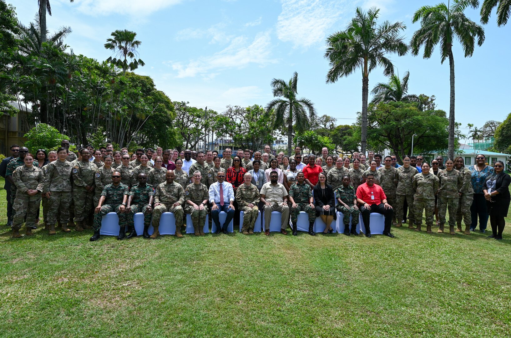 President of Guyana Mohamed Irfaan Ali, U.S. Air Force Maj. Gen. Melissa A. Coburn, 22nd Air Force commander, U.S. Air Force Lesser Antilles Medical Assistance Team members, and other Guyanese government officials pose for a group photo following the closing ceremony for the LAMAT mission at the Guyana President’s estate in Georgetown, Guyana, April 11, 2025.