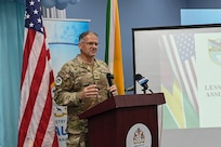 Col. James Bershinsky, 433rd Medical Group and Lesser Antilles Medical Assistance Team commander, provides opening remarks during Guyana LAMAT 2025 opening ceremony, Georgetown, Guyana, March 31, 2025.