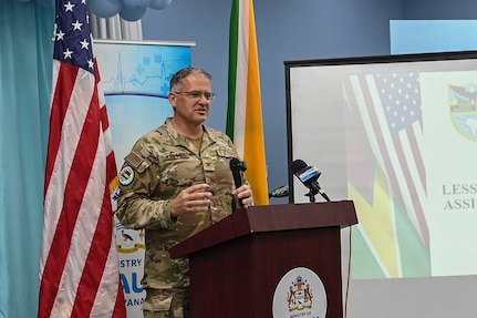 Col. James Bershinsky, 433rd Medical Group and Lesser Antilles Medical Assistance Team commander, provides opening remarks during Guyana LAMAT 2025 opening ceremony, Georgetown, Guyana, March 31, 2025.