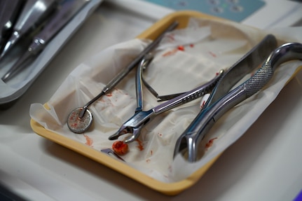 Dental tools for the U.S. Air Force Lesser Antilles Medical Assistance Team members are displayed after being used on a patient for dental operations at the Port Mourant Hospital during the LAMAT mission in Port Mourant, Guyana, March 31, 2025.
