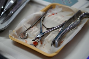 Dental tools for the U.S. Air Force Lesser Antilles Medical Assistance Team members are displayed after being used on a patient for dental operations at the Port Mourant Hospital during the LAMAT mission in Port Mourant, Guyana, March 31, 2025.