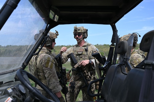 Explosive ordnance disposal (EOD) technicians and 19th Medical Group personnel participate in a joint EOD field training exercise at Camp Joseph T. Robinson, Arkansas, April 10, 2025. More than 20 technicians from Barksdale, Fairchild and Hill Air Force bases participated. In a key partnership, medical personnel from the 19th Medical Group also embedded with the EOD teams to provide critical care during simulated operations.