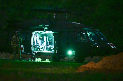 A Sikorsky UH-60 Black Hawk prepares to takeoff during a joint Explosive Ordnance Disposal (EOD) field training exercise at Camp Joseph T. Robinson, Arkansas, April 9, 2025. This joint training was designed to simulate real-world combat scenarios involving both explosive threats and medical emergencies.