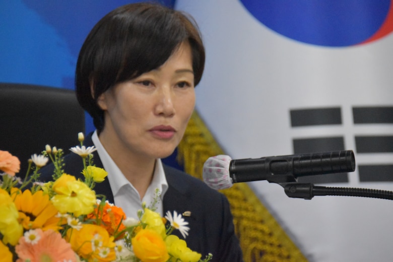 Ms. Gu, Ja Young, Executive Vice President and Chief Strategic Planning Officer, K-water, provides remarks at a signing event for an updated Memorandum of Understanding (MOU) between USACE and K-water in Daejeon, South Korea, on April 16, 2025.