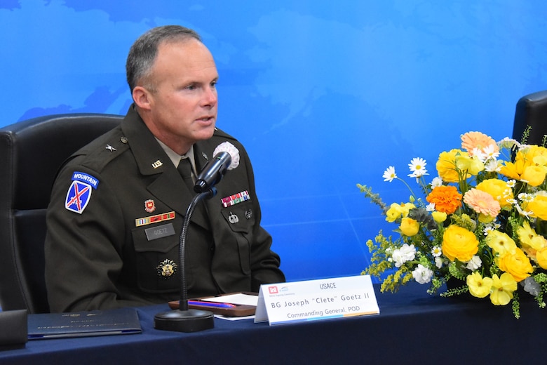 Brig. Gen. Joseph “Clete” Goetz II, commander, U.S. Army Corps of Engineers – Pacific Ocean Division, provides remarks at a signing event for an updated Memorandum of Understanding (MOU) between USACE and K-water in Daejeon, South Korea, on April 16, 2025.