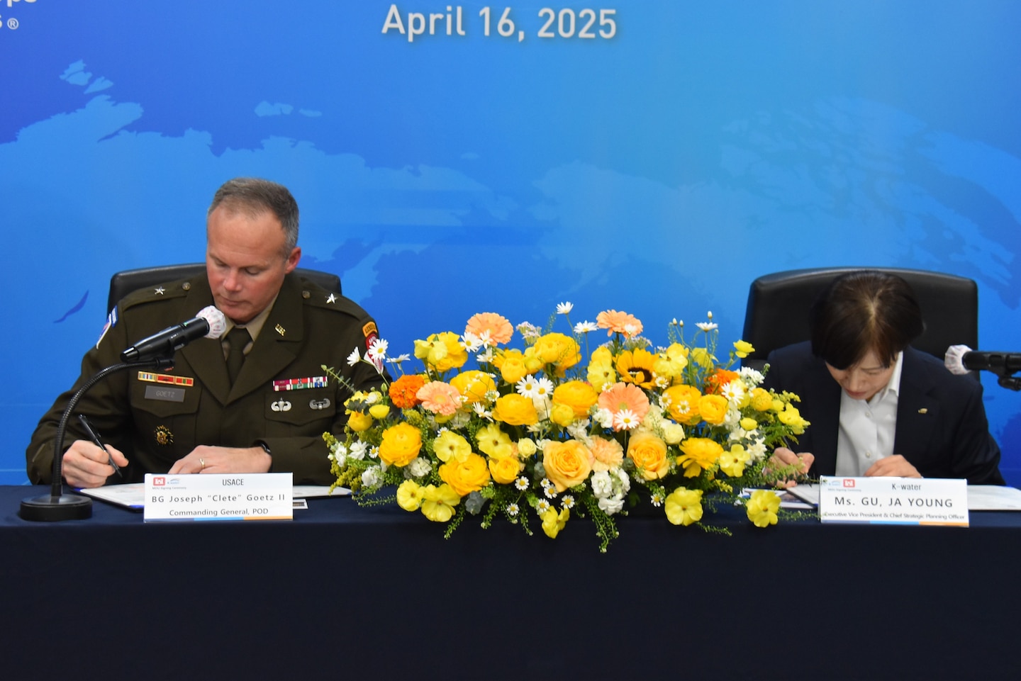 Brig. Gen. Joseph “Clete” Goetz II, commander, U.S. Army Corps of Engineers – Pacific Ocean Division, and Ms. Gu, Ja Young, Executive Vice President and Chief Strategic Planning Officer, K-water, sign a Memorandum of Understanding (MOU) between the two agencies in Daejeon, South Korea, on April 16, 2025.